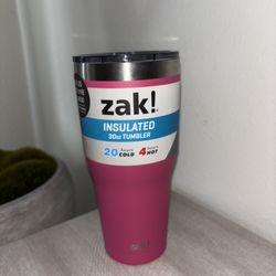 This is a Zak Designs 30oz insulated stainless steel tumbler in a pink color.