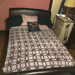 Black Leather Queen Sleigh Bed Set • Headboard + Footboard + Mattress & Box Spring – $300