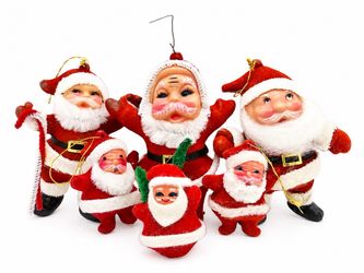 Vintage 1950s-1970s Flocked Santa Claus Ornaments Lot of 6 - MCM Kitschy Christmas Tree Decorations
