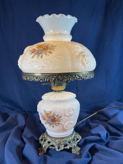 Vintage Hurricane Table Lamp with Floral Glass Shade