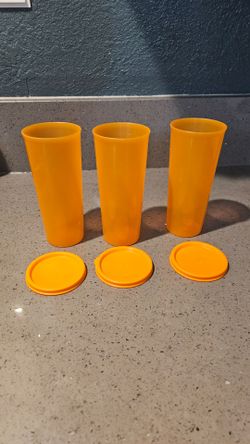 Tupperware Tumbler Cups Set of 3  Straight Sided 16 oz. Orange N