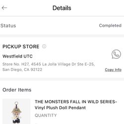 THE MONSTERS FALL IN WILD SERIES - Vinyl Plush Doll Pendant 