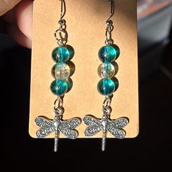 Boho Chic Dragonfly Earrings Turquoise Dangle Fish Hooks 2.75" Handmade NEW