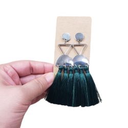 Silver Toned Geometric Green Tassel Post Earrings