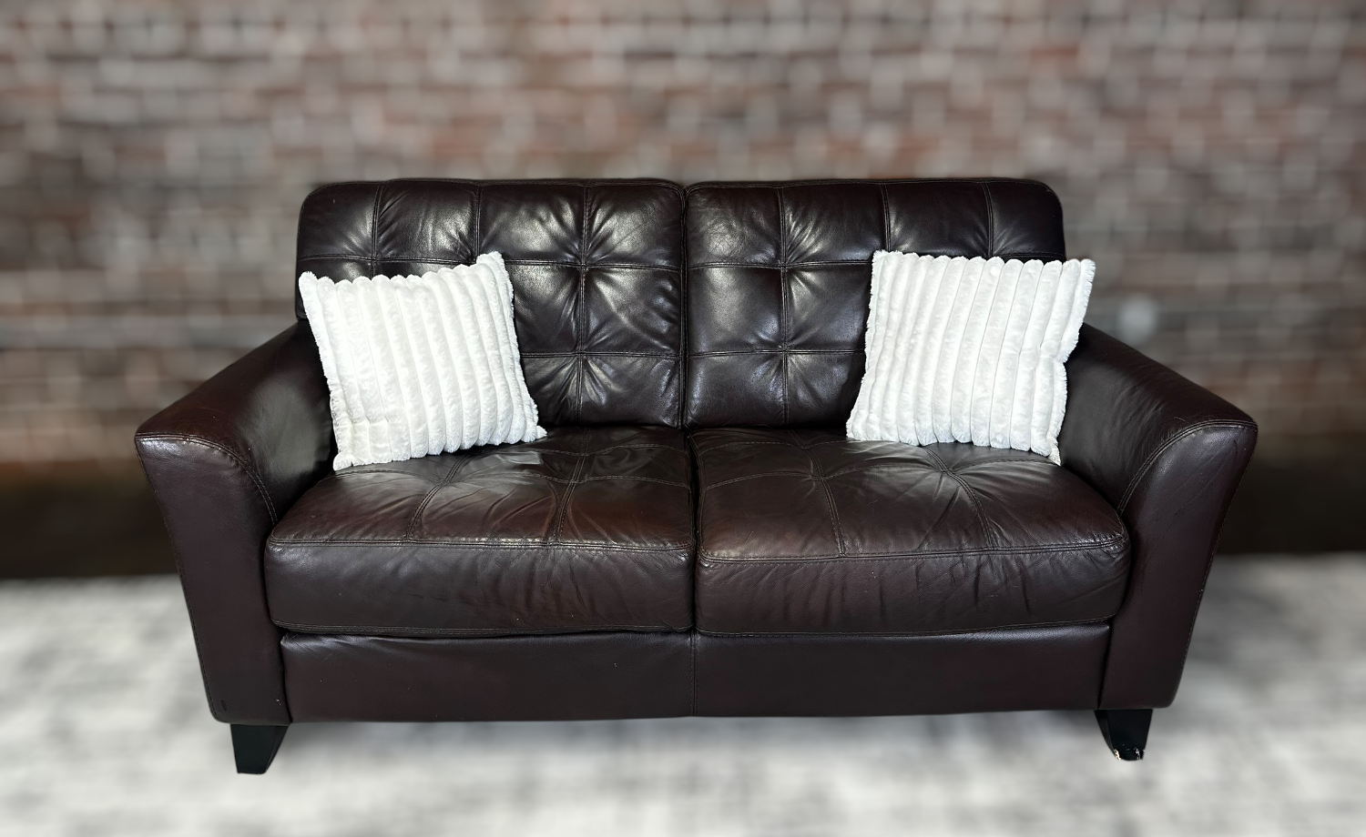 Delivery Available Maceys leather dark brown loveseat