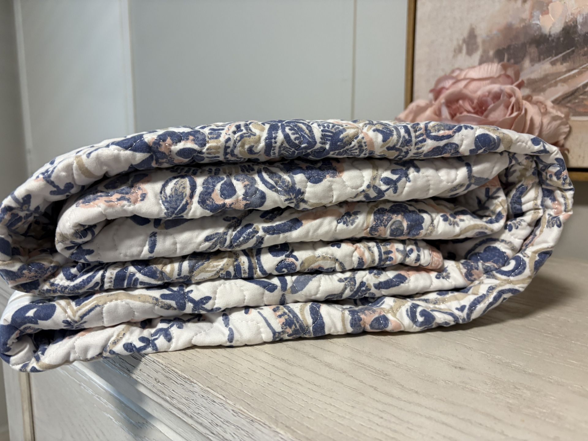 Feminine Shabby ChicModern Cottage Reversible Pink / Blue / White Embroidered Quilt (80โx82โ)