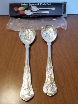 Silver plated salad spoon and fork set.