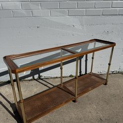 Vintage Hollywood Regency Brass & Cane Sofa Table - MCM Glass Console