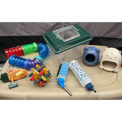 Small Pet Hamster supplies, clear travel cage, Wood chews, tunnel, dust bath hideout, water bottles $1 Each