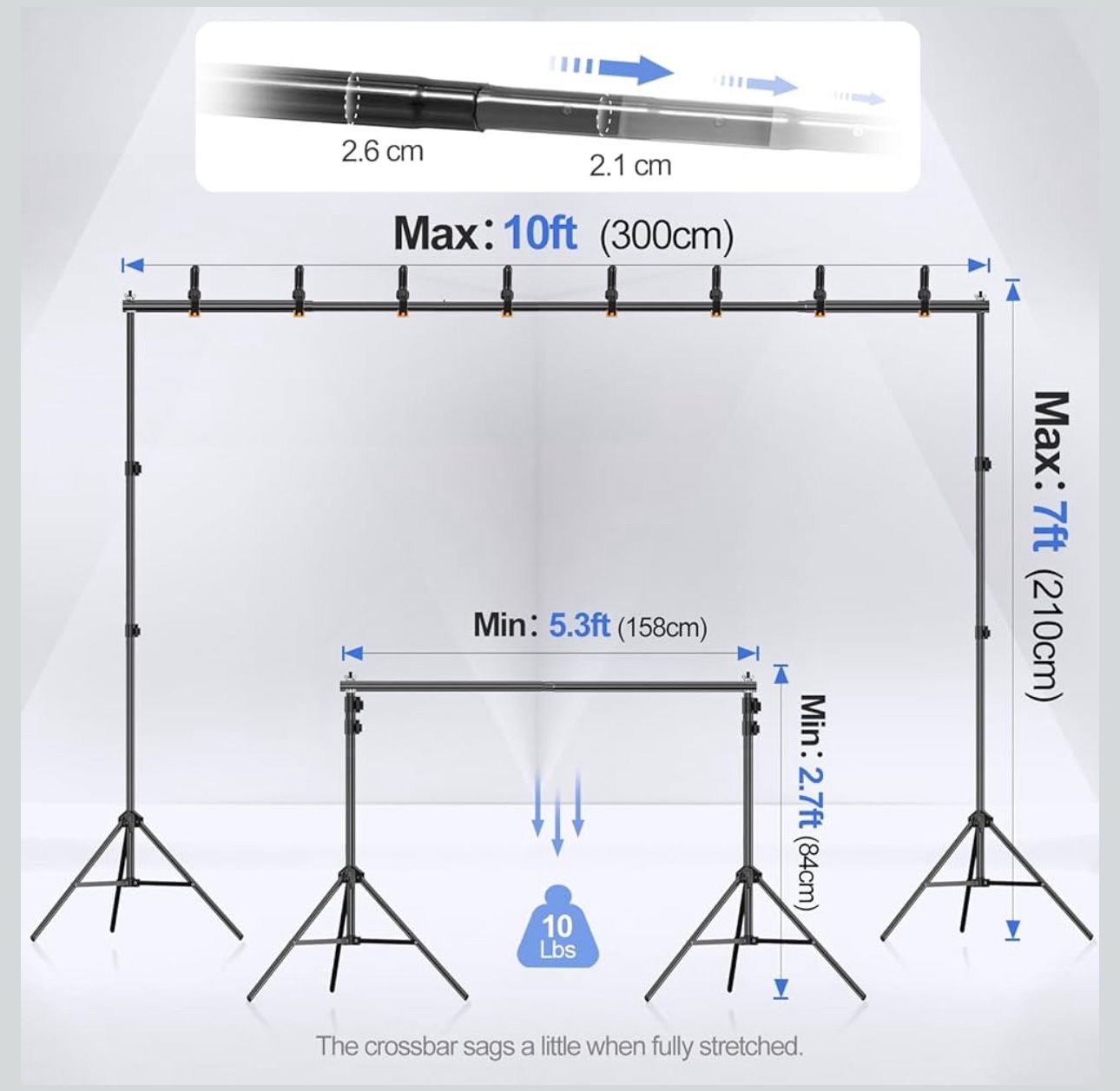 EMART Backdrop Stand 10x7ft(WxH) Photo Studio Adjustable Background Stand Support kit with 2 Crossbars, 8 Clamps, 2 Sandbags and Carry Bag for Parties