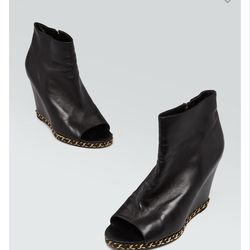 CHANEL Black Lambskin Leather And Chain Open-Toe Wedge Booties