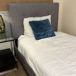 Two twin bed frame, head board & mattresses