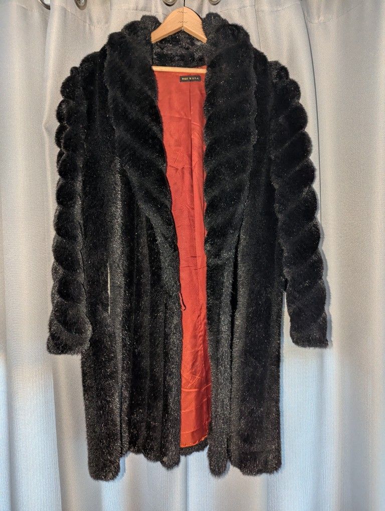 Vintage Woman's 'S Black Faux Fur Coat Lg