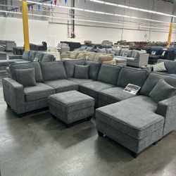Chenille fabric sectional sofa with ottoman