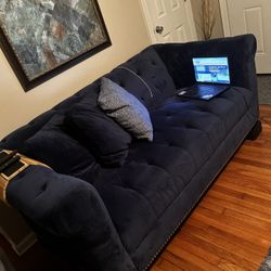Navy blue Velvet couch And Storage Ottoman