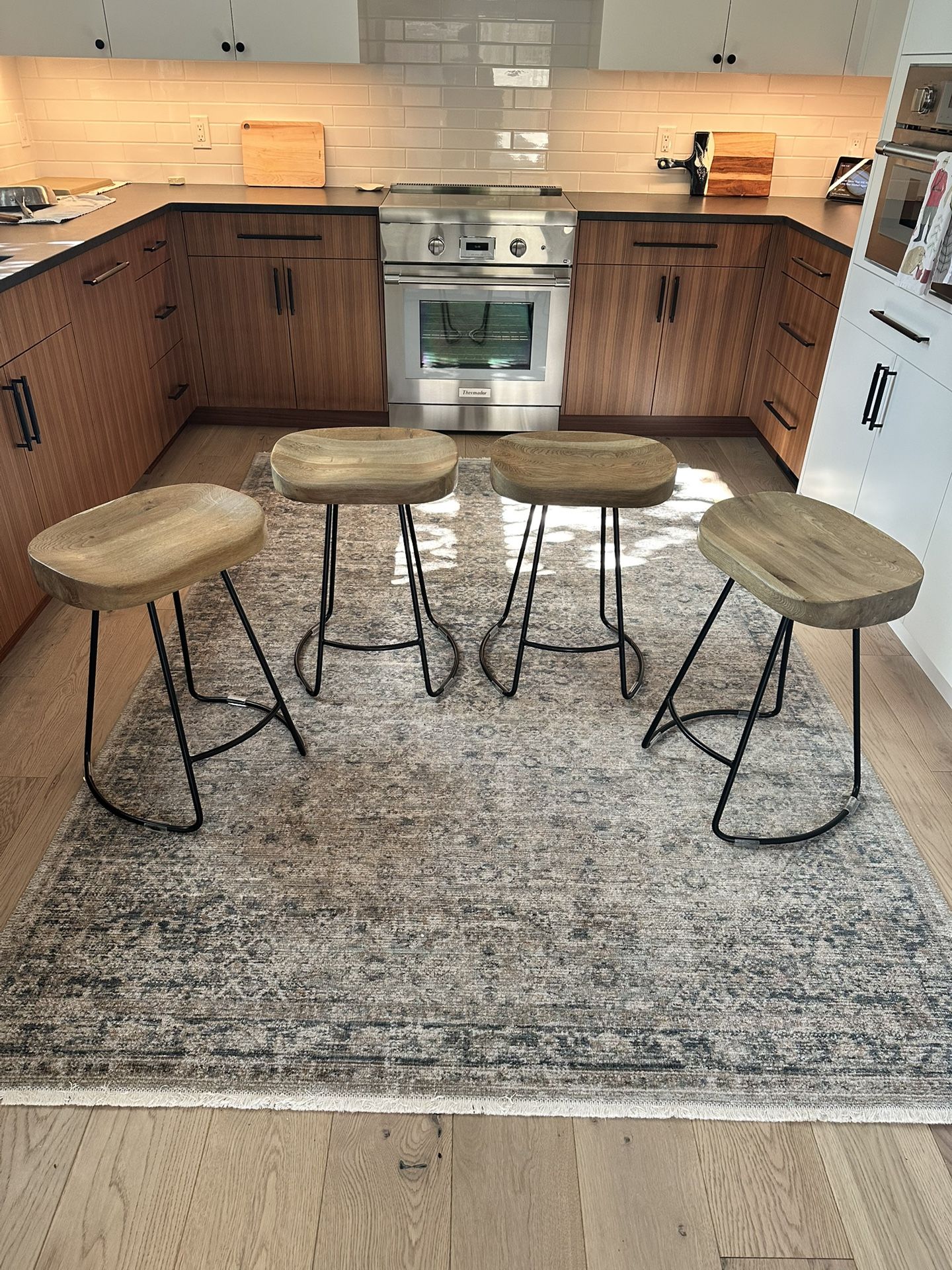 4 Oak + Black Steel Bar Stools - Counter Height by Restoration Hardware (Like New)