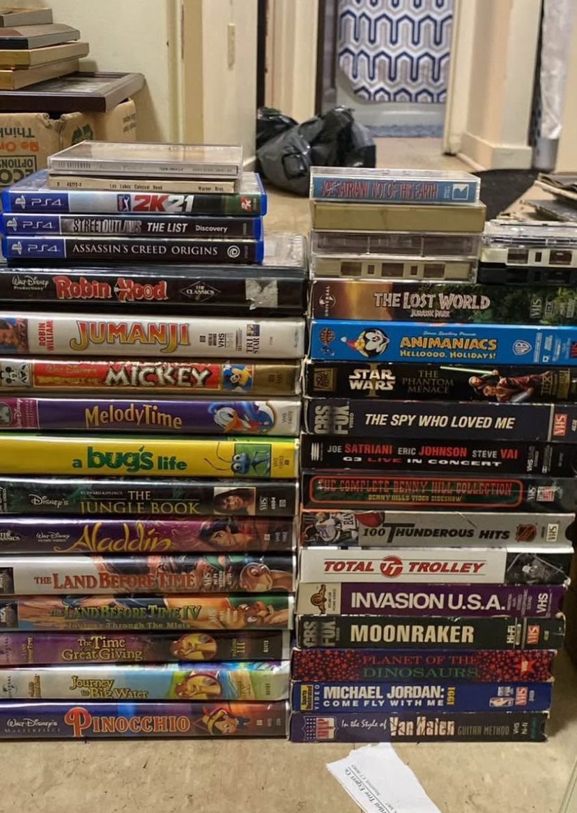 VHS Tapes, Video Games, Cassette Tapes, 3 PS4 Video Games and Cassette Recorder
