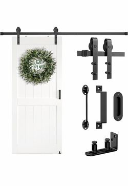 Brand New Barn Door Hardware Kit 6.6FT Heavy Duty Sliding Door Track Kit with Floor Guide and 2 Handles with Lock, Smoothly Hardware Kits for Interior