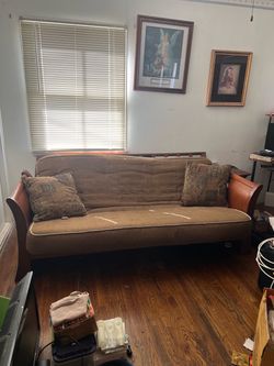 Cherrywood Frame Futon with Tan Mattress and Pillows