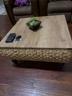 Square Coffee Table with Woven Rattan Base