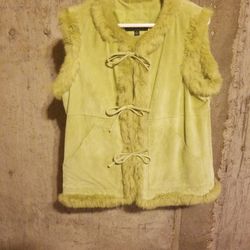 Genuine Lime Green Suede Vest With Rabbit Trim. Size 12.