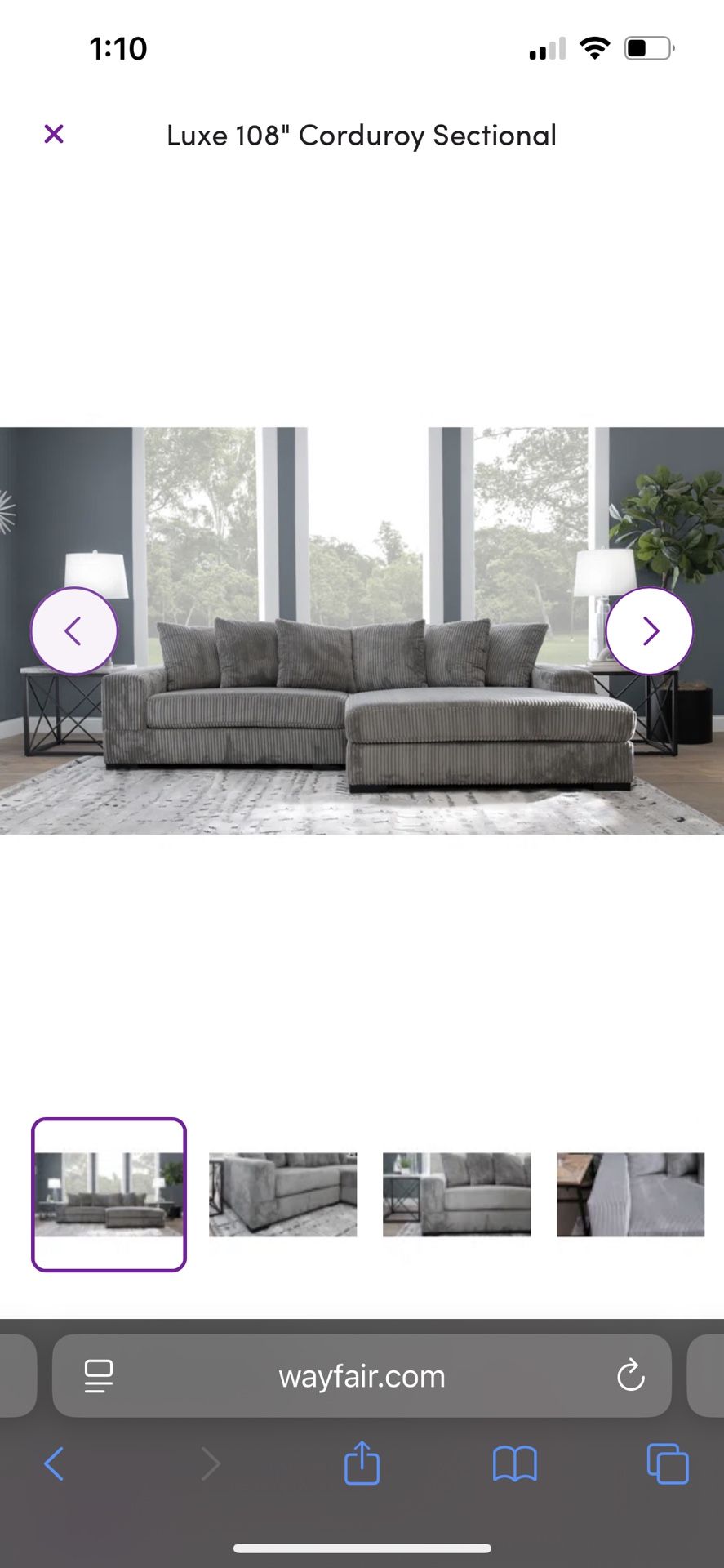 108” luxe Sofa Sectional , Soft Grey