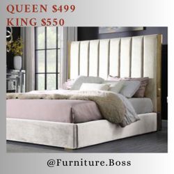 Beige Queen Size Bed - Modern Style Beds - Mattress Sold Separately 