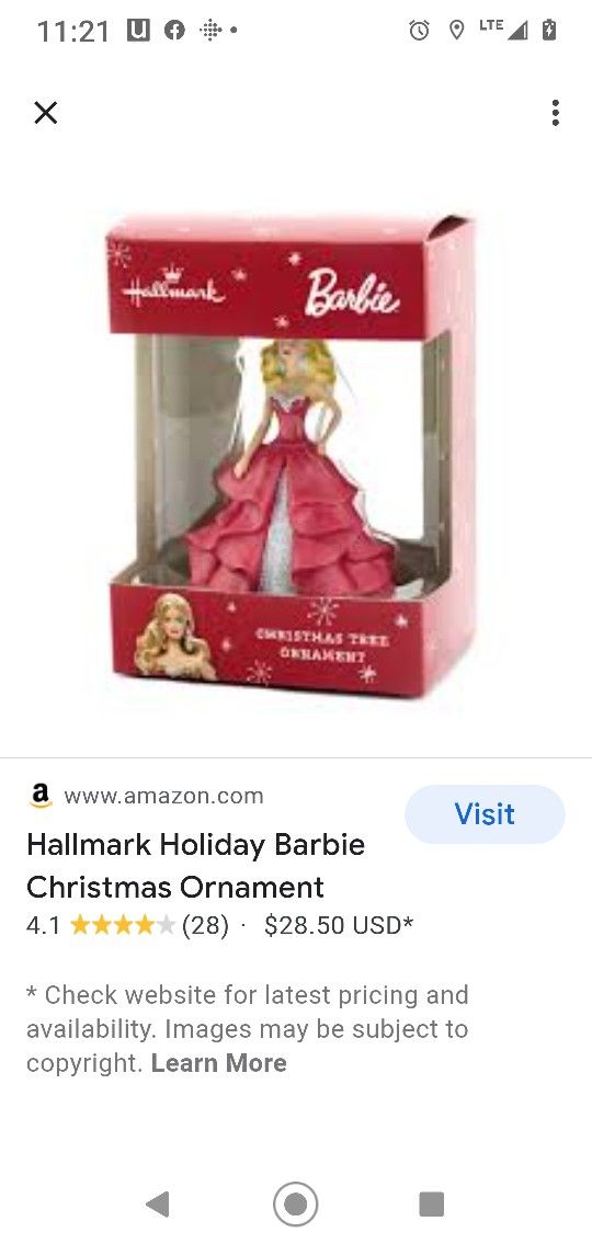 Hallmark Barbie Christmas Tree Ornament