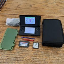 Nintendo DS Lite Black Game System, Console Case, 2 Games, 2 Stylus, Charger & Green Stretch Case Bundle