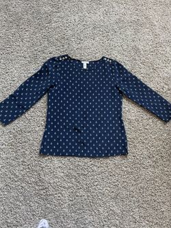 J Crew Womens 2 Top Blouse Blue Anchor 3/4 Sleeve Silk Button Shoulder 