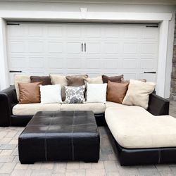 Leather & Cream Style Sofa+ Ottoman  Set 