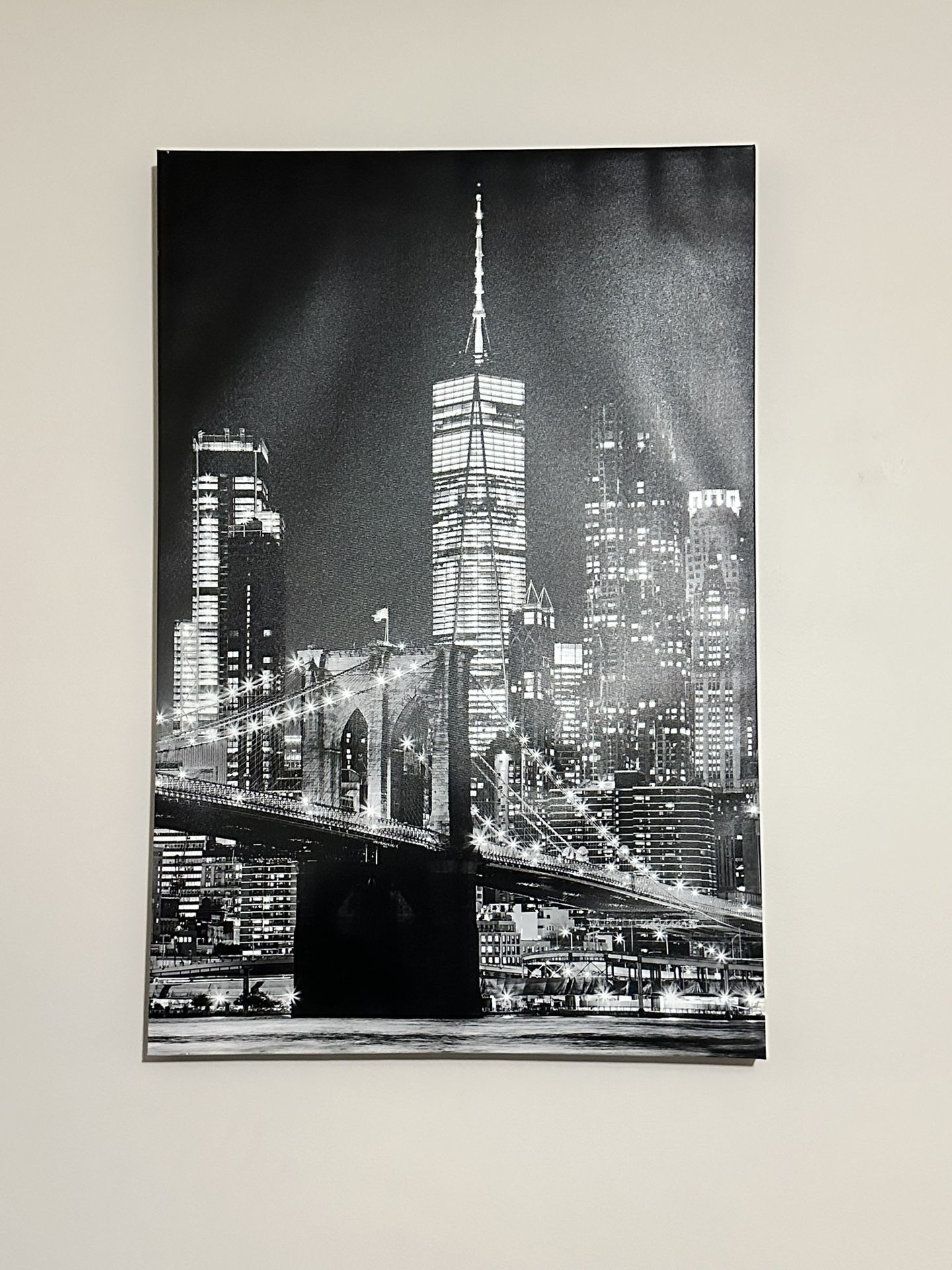 Black and white wall art of the New York City skyline