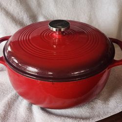 Gently Used Lodge 6 Quart Red Enamel Cast Iron Dutch Oven With Lid, Dual Handles, With Box