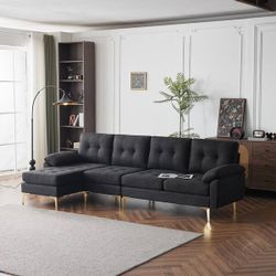 120” Wide Black Convertible L-Shaped Sectional Sofa, 4-Seat Linen Reversible Sectional Couch, Comfy Couch with Chaise Lounge in Diamond-Shape Design f