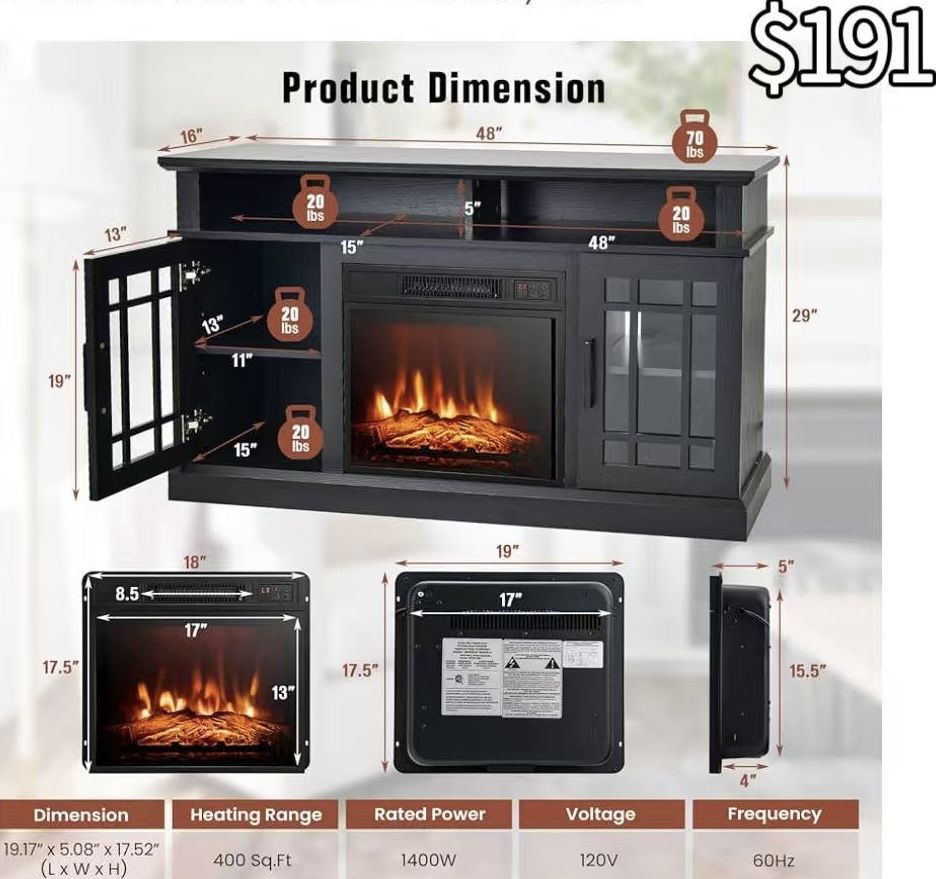 😀 Fireplace TV Stand for TV up to 55 Inches, Freestanding Wood Entertainment Center with 18” Electric Fireplace, 48" TV Console Table