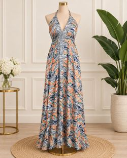 Tropical Print Halter Neck Maxi Dress One Size xs to large