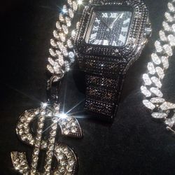 Titanium Black With Ice Lab Big Money Piece With White Chain 26 In Long Three Piece Pack Black Lab Ice And White