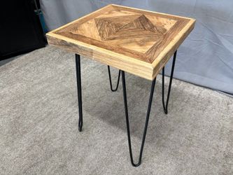 Rustic Geometric Wood Top Side Table w/ Hairpin Legs