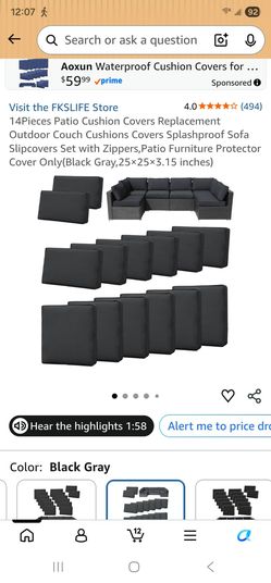 14-Piece Patio Cushion Covers Set Dark Gray (COVERS ONLY)