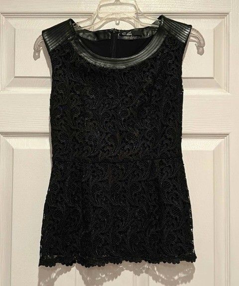 C. Luce sleeveless lace and leather Dressy Top Blouse Shirt Women's Size S/ Small