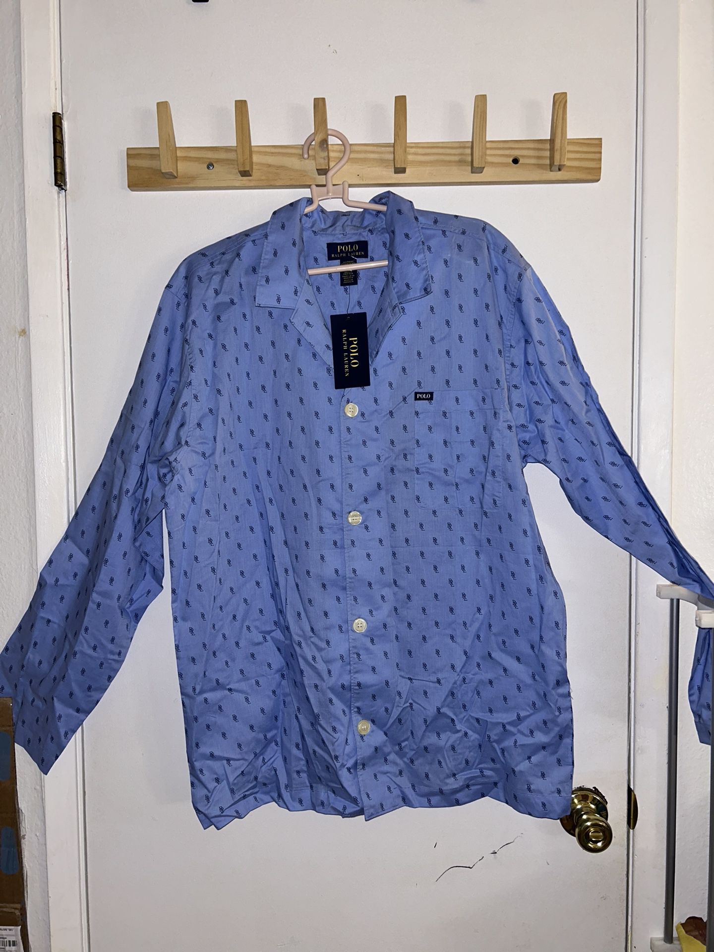 NWT Polo Ralph Lauren Mens Medium Light Blue Monogram PRL Pajama Sleepwear Shirt