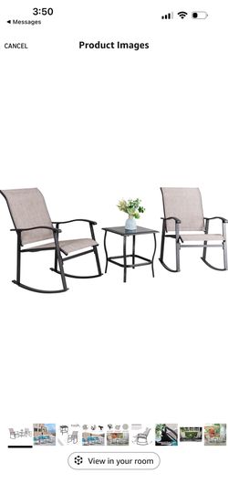 Vongrasig 3 Piece Outdoor Rocking Bistro Set, Textilene Fabric Small Patio Furniture Set, Front Porch Rocker Chairs Conversation Set with Glass Table 