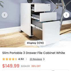 Slim Portable 3 Drawer File Cabinet White