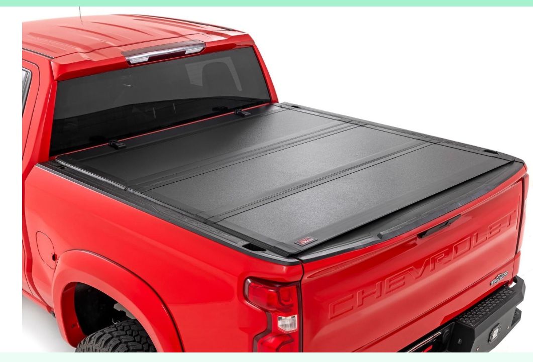 Rough Country Hard Tri-Fold Flip Up Truck Bed Tonneau Cover For Chevy Silverado & GMC Sierra 1500 (2019-2025) - Flush Aluminum Bed Cover, Fits 6'7 (79