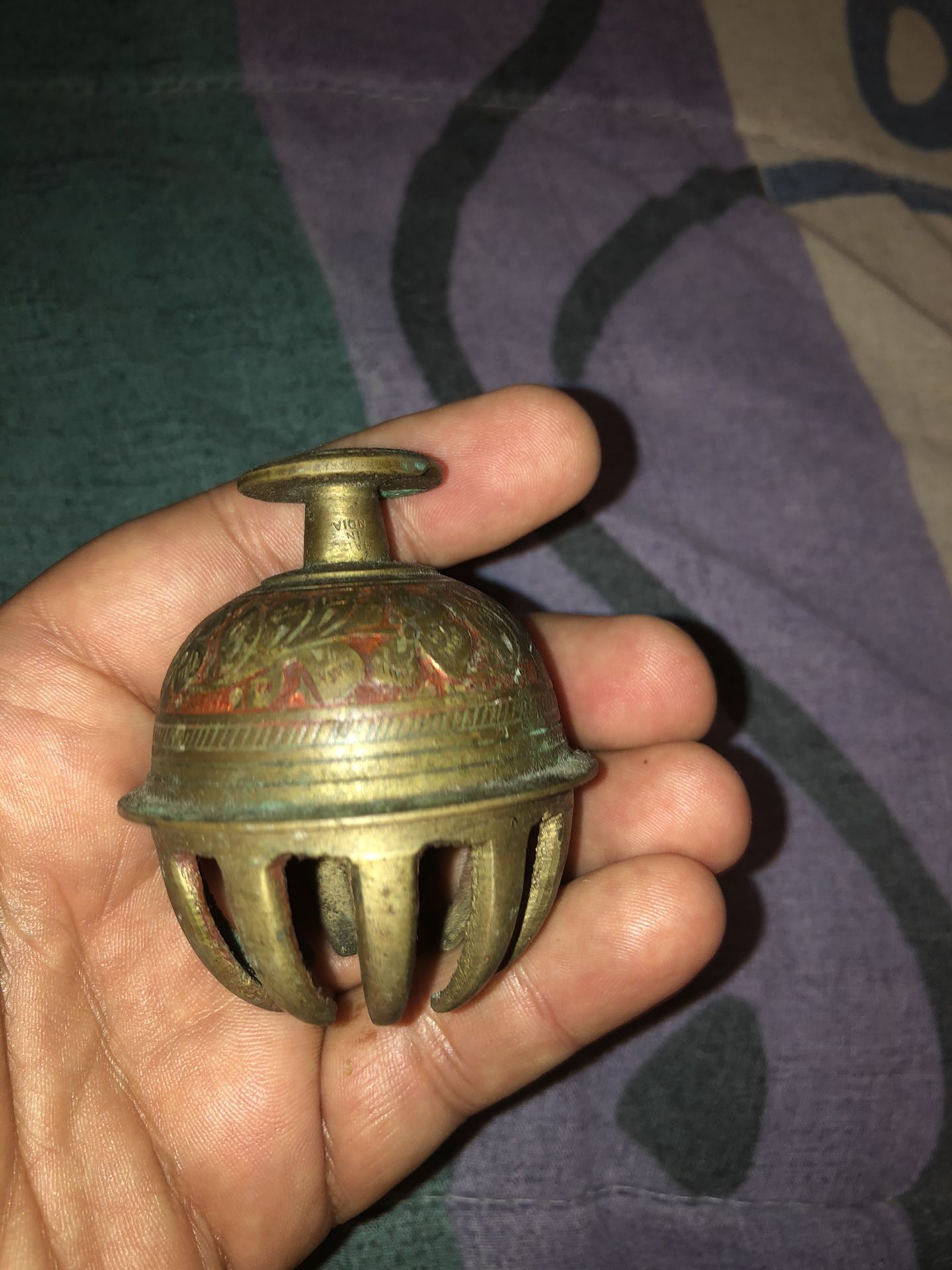 ANTIQUE BRASS AND ENAMEL ASIAN ELEPHANT CLAW BELL