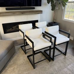 Four Counter Height White Linen Chairs W Matte Black Base