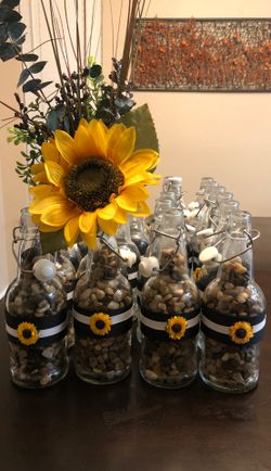 26 GLASS BOTTLES/VASES W/TRIM AND RIVER ROCKS