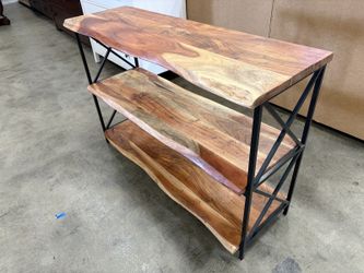 Industrial Style Cherry Finished Live Egde 3 Tier Solid Wood Shelf with Black Metal Frame
