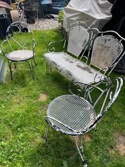 Vintage chippy, iron bench, glider, and chair chairs