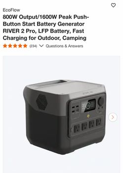 EcoFlow 800W Output/1600W Peak Push-Button Start Battery Generator RIVER 2 Pro, LFP Battery, Fast Charging for Outdoor, Camping